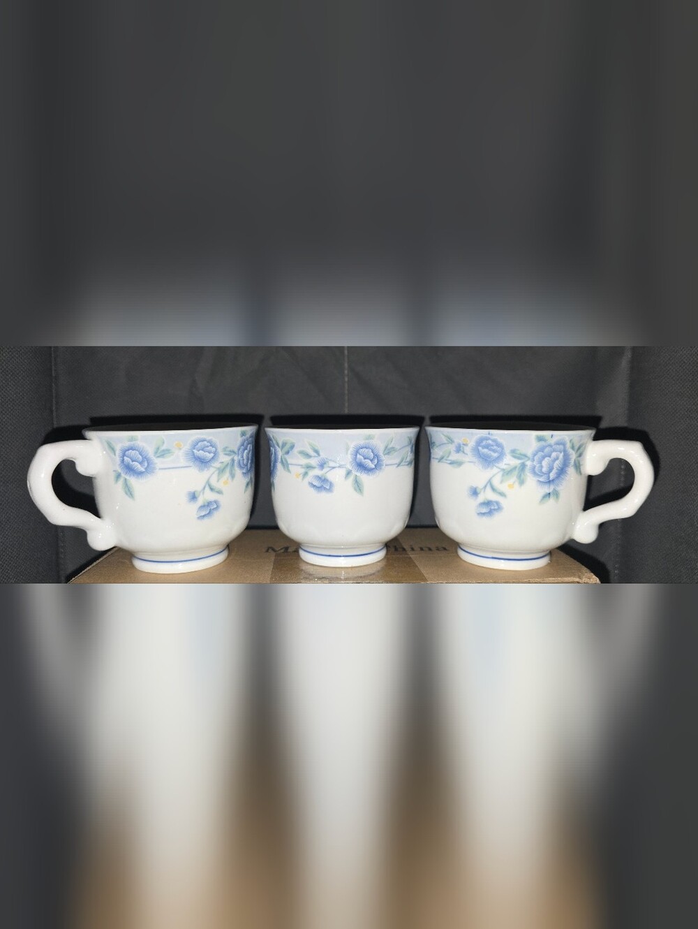 3pc Cheng's White Jade China Porcelain Teacups Blue Peony Roses & Blue Line Trim
